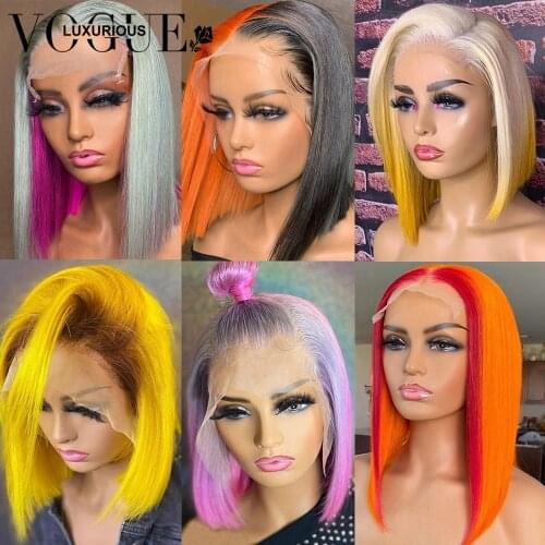 Ginger 13x4 Short Bob Lace Front Wigs Brazilian Yellow Grey Ombre Wig Preplucked Highlight Lace Front Human Hair Wigs For Women
