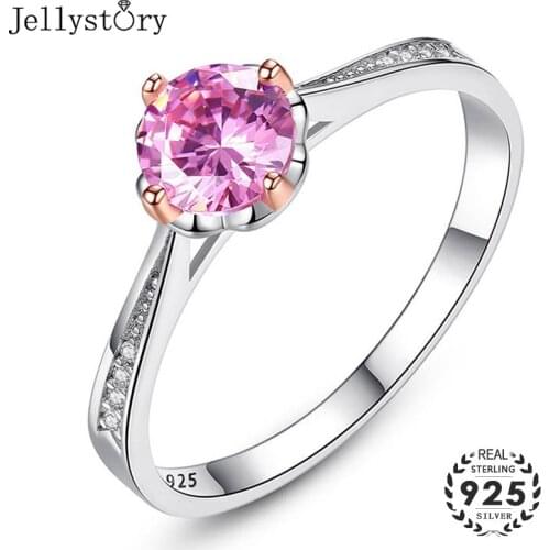 Jellystory Fashion 925 Sterling Silver Women Rings Round Shape Amethyst Zircon Ring Fine Jewellery Wedding Engagement Party Gift