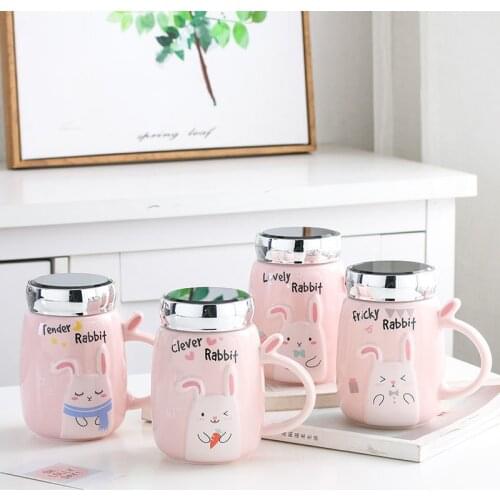 Cute Rabbit Coffee Mug with Mirror Lid Large Capacity Ceramics Mug Bunny Mug Milk Cup Home Office Water Cup Drinkware