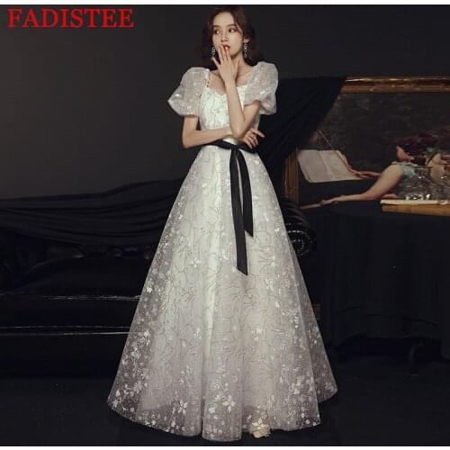 Lace Elegant Long Evening Dress Prom Party Puffy Sleeves Robe De Soiree Longue Formal Dress Simple Robe De Soiree