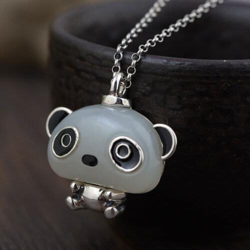 FNJ 925 Silver Panda Jade Pendant For Jewelry Making Vintage 40cm 100% Pure Sterling Silver Necklace Women