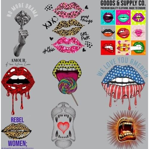 Fashionable women’s T-shirt thermal transfer leopard print sexy lips DIY Iron on new design on clothing washable patches