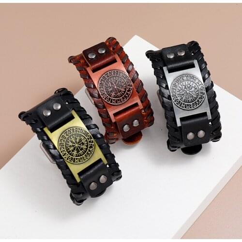 Fashion Adult Viking Leather Bracelet Vintage Woven Compass Men Black Leather Jewelry Bracelets Accessories Gift