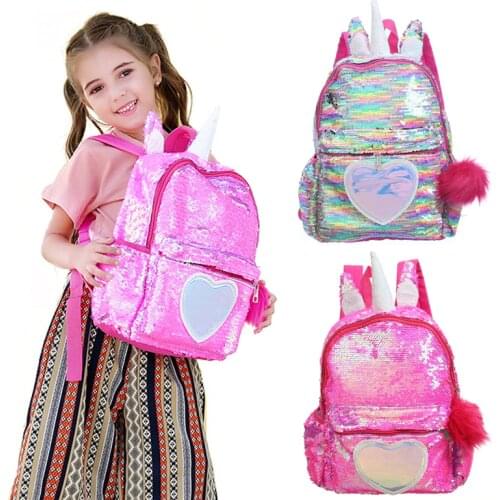 Fashion Mermaid Sequin Backpack for Girls Children Large 3D Cartoon Unicorn School Bag Teenager Hologram Heart Love Backpack