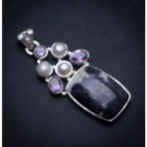 Natural Charoite,Amethyst and River Pearl Handmade Indian 925 Sterling Silver Pendant 2 1/4" U0247