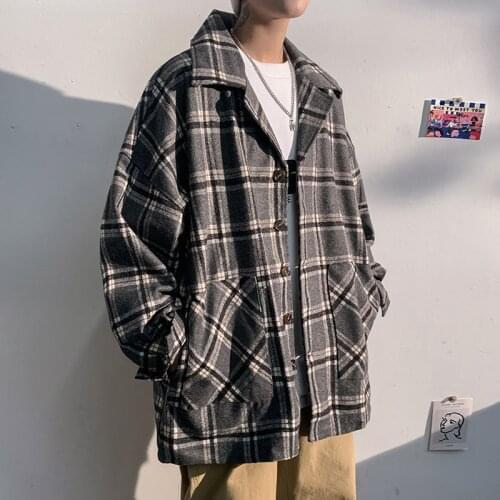 New Autumn Plaid Jacket Korea Style Mens Fall Shoulder Loose Breasted Windbreaker Clothes Free Shipping