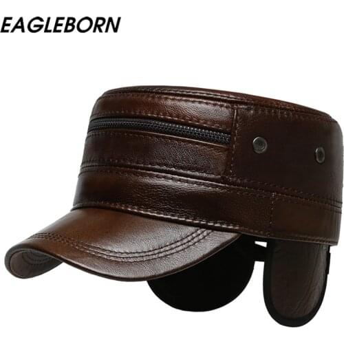 New Winter Hat Men Dad Hat Military Cap Leather Men Military Caps Warm Ear Protection Leather Cap Cold-proof Man Winter Army Cap