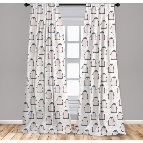 Blue Grey Penguin Window Curtains Doodle Style Cartoon Animals from Antarctica with Crowns Lightweight Decorative