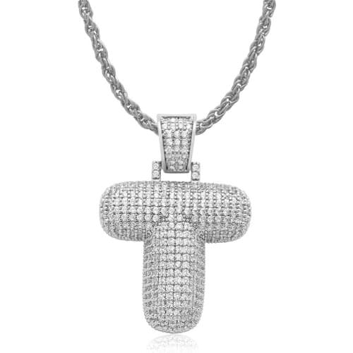 OMYFUN Factory Bottom Price Bubble Letter T Pendant with 3mm Rope Chain 3A CZ Iced Pave Bling A-Z Custom Initial Jewelry for Men