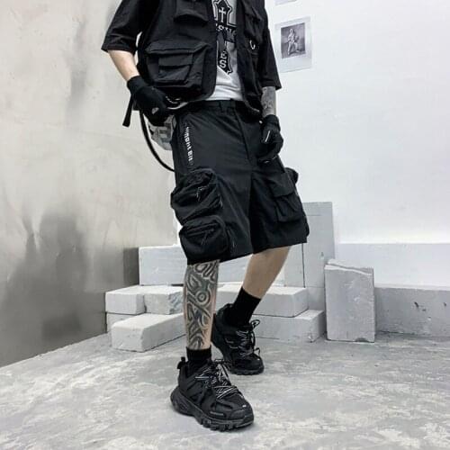 Multi Pockets Techwear Cargo Shorts With Ribbon Belt Man Harajuku Streetwear Casual Short Pants Goth Hip Hop Punk Shorts For Men