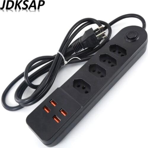 Extension Cord Power Board Brazil Standard Plug 110V-250V 2M Cable Wall Type Multi-Socket Portable 4 USB Mobile Phone Ports