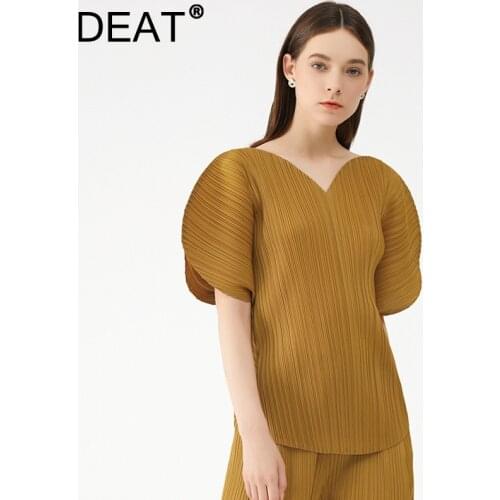 DEAT Woman Pleated T Shirt Solid Heart-shaped Design V Collar Batwing Sleeve Loose Tops Casual Style 2021 New Autumn 15XM324