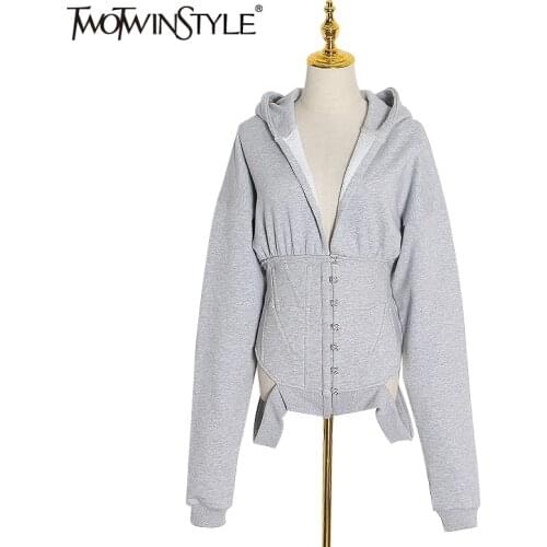 TWOTWINSTYLE Hollow Out Casual Sweatshirt For Women Hooded V Neck Long Sleeves Sweatshirts Female 2020 Spring Fashion New
