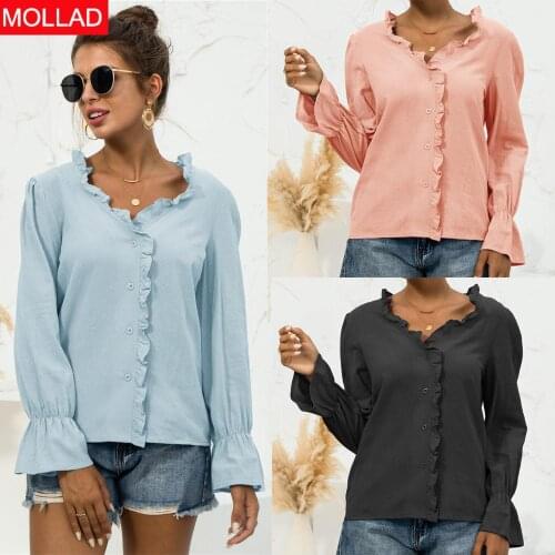 2021 Autumn and Winte Hot Casual V-neck Ruffled Button Shirt Women Spring and Autumn Women Shirt