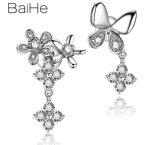 BAIHE Solid 18K White Gold 0.59ct H/SI Natural Diamonds Wedding Trendy Fine Jewelry Flower Butterfly Stud Earrings Women Cерьги