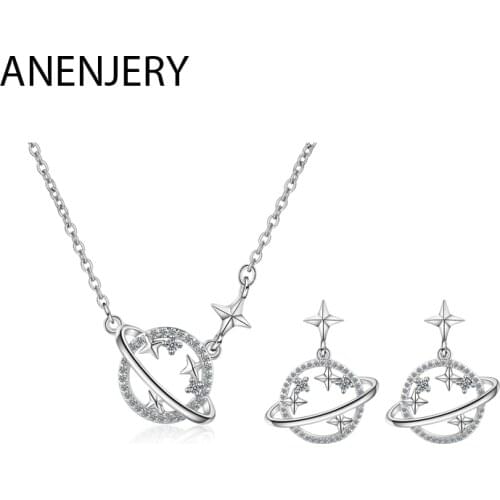 ANENJERY 925 Sterling Silver Glittering Zircon Universe Planet Star Jewelry Set Necklace Earring Set For Women Wedding