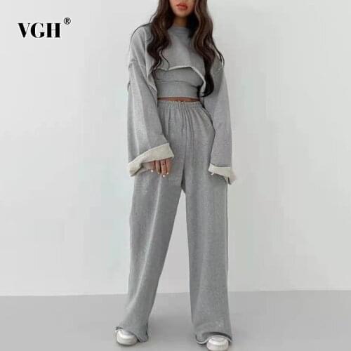 VGH Gray Two Piece Set For Women O Neck Long Sleeve Short Top High Waist Loose Full Length Pants Casual Sets Female 2021 Style