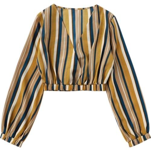 Stylish Bar Sexy Deep V Neck Multicolor Striped Chiffon Top Women Casual Crop Clothing Long Sleeve Tops Half Placket Sexy Blouse