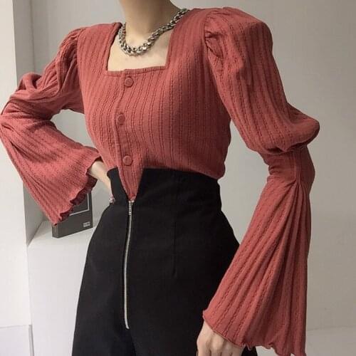 Korean Retro Pullover Women Fashion Square Collar Pleated Flared Sleeve Cardigan Sweet Knitted Sweter Woman Sweaters Tops 2021