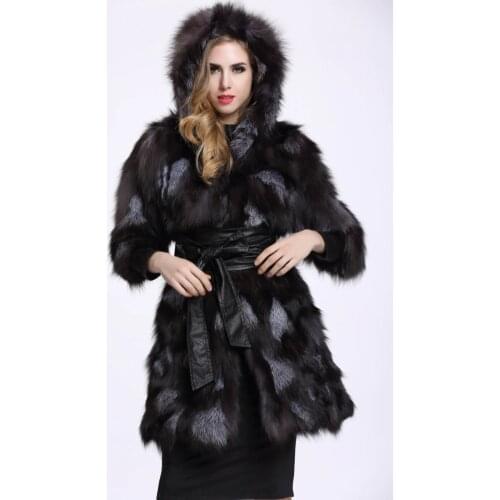 Genuine real Silver fox fur coat with hood women half sleeve long fashion natural fox fur jacket 80CM length custom any size