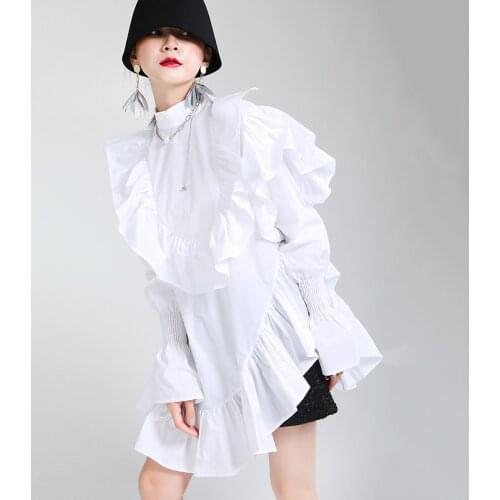 2021 French style spring summer fold hem irregular stitchingT-shirt dress black white long sleeve stand-up collar women dresses