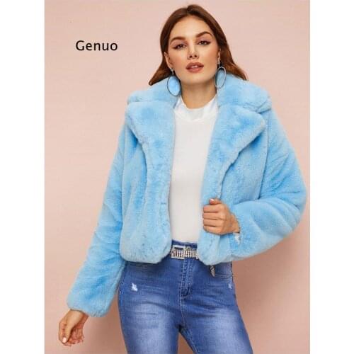 Winter genuo Hairy Shaggy Faux Fur Jacket Aqua Blue Vintage Long Sleeve Furry Faux Fur Coat Short Outerwear Clothes