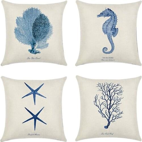 4 PCS Hand-Painted Marine Coral Starfish Sea Horse Pillowcase Linen Pillow Cover Home Decor Cushion Cover Pillow Case-ABUX