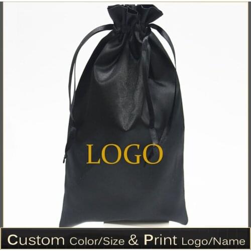50PCS Luxury Black Satin Bags Packaging Hair Wig Extension Gift Bag Custom Logo Drawstring Bags 18x30/30x40cm Storage Pouch
