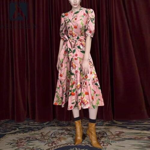 AELESEEN Runway Fashion 100% Cotton Dress 2021 Summer Womens Lantern Sleeve Pink Flower Print Elegant Party Dress Wiht Belt