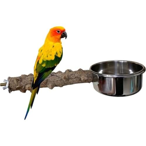 Parrot Bird Cage Perch Natural Wooden Stand Stick with Stainless Steel Food Dish