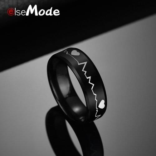 ELSEMODE Heart Shape Smooth Thick Titanium Steel Black Ring Electrocardiogram Heartbeat Rings For Men Rock Ring Jewelry