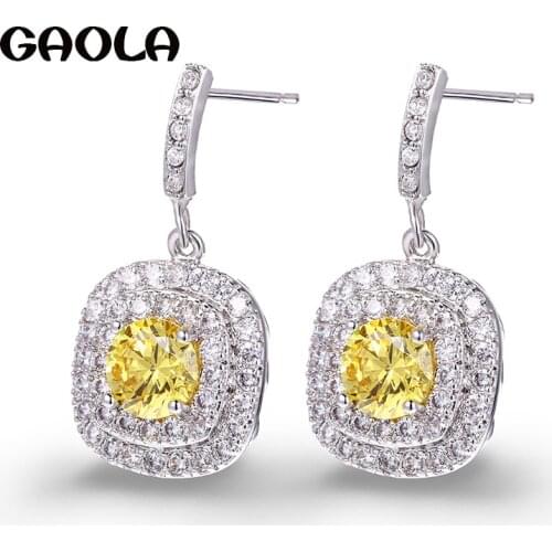 Hot Sale Charm Exquisite Vintage White Gold Color Austria AAA Crystal Earring Yellow CZ Dangle Drop Earringsfor Women GLE3694