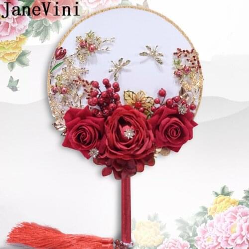 JaneVini Chinese Red Rose Bride Fan Bouquet Artificial Vintage Fake Flowers Bouquets Beaded Gold Bridal Wedding Fans flores boda