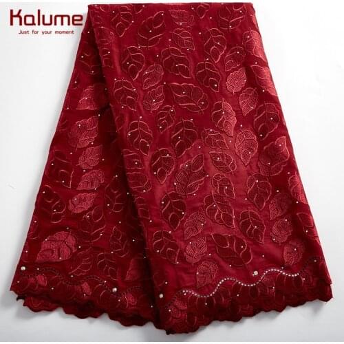Kalume African Lace Fabric High Quality Swiss Voile In Switzerland Stones Red Nigerian Lace Fabrics For Party Dress Robes F2390