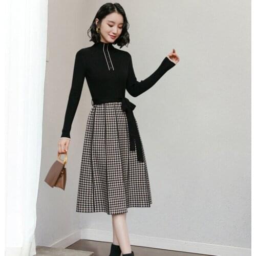 Korean Fashion Long Sleeve Dress Women Clothing Patchwork Plaid Lace Up A-Line Knitted Dress Elegant Winter Midi Sweater Dresses