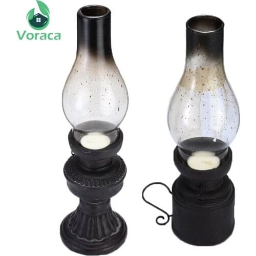Retro Nostalgic Kerosene Lamp Candle Holder Glass Cover Lantern Resin Crafts Kerosene Lamp Retro Candlestick Bar Party Home Deco