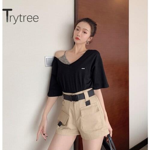 Trytree 2020 Summer Woman Casual T-shirt V-neck Patchwork Leopard print T-shirt Loose All-Purpose Style Fashion T-shirt Top