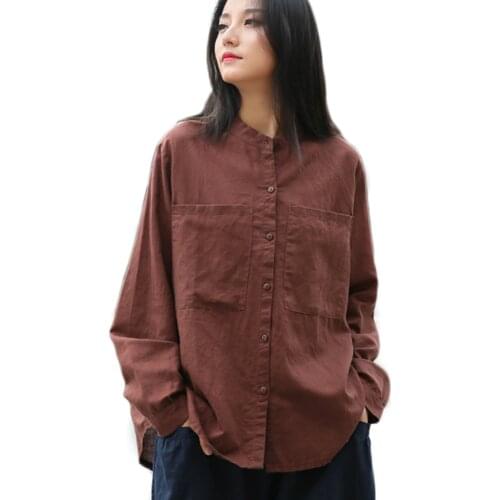 LZJN Womens Cotton Linen Standing Collar High Low Shirt Button Down Blouse Long Sleeve Tops with Pockets
