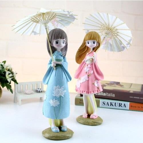 Cute Figure Statue Resin Craft Kimono Girl holding up an umbrella Figurine Desktop Ornament Decor Creative Gift