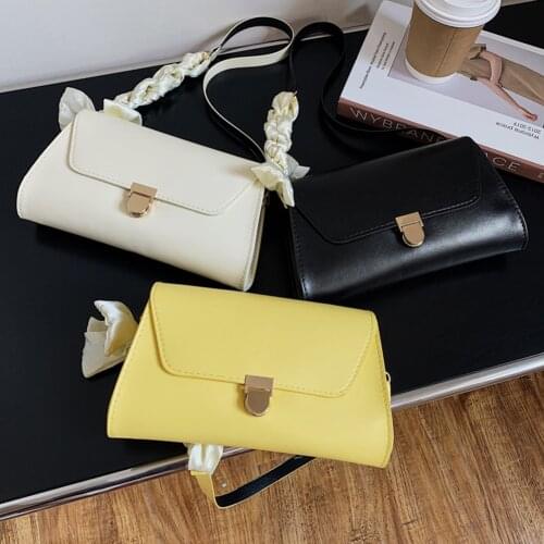 Fashion Womens Bags Silk Scarf PU Leather Solid Color Shoulder Underarm Bag Casual Ladies Chain Small Flap Soft Surface Handbag