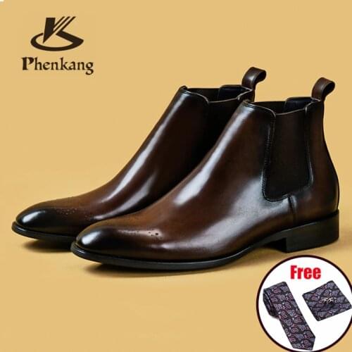 Men winter Boots Genuine cow leather chelsea boots brogue casual ankle flat shoes Comfortable quality slipon dress boots 2020