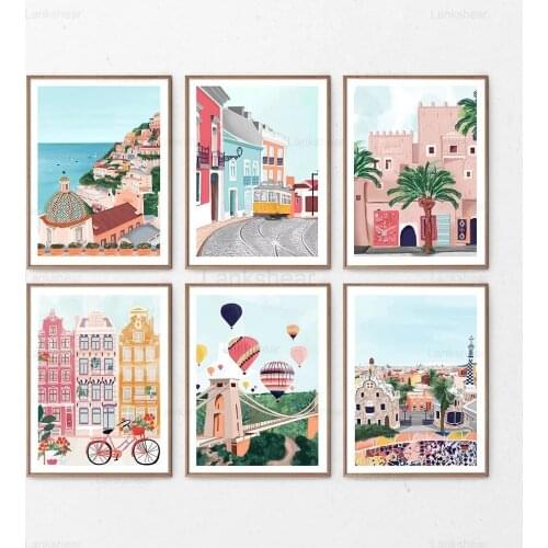 Poster Cartoon City Sea View and Nature Landscape Canvas Painting Travel Print Picture Home Decoration Color Wall Art