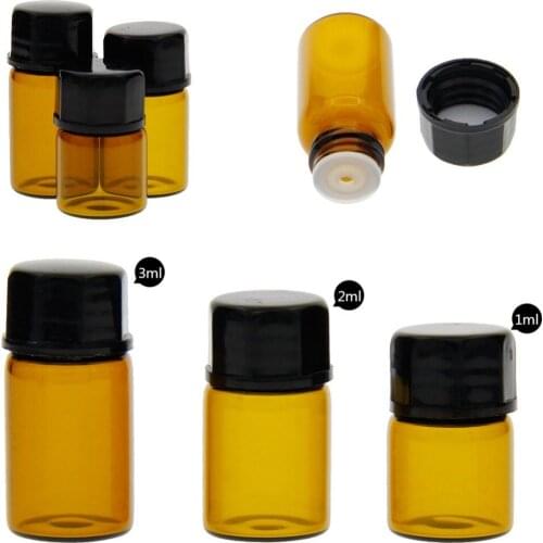 3PCs 1ml/2ml/3ml Mini Amber Glass Empty Sample Bottle with Orifice Reducer and Cap Small Essential Oil Brown Vials