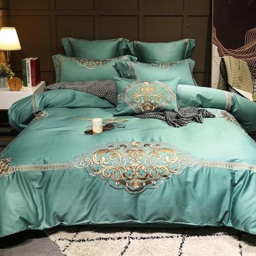 Luxury green Solid 100S Egyptian cotton Embroidery Bedding sets Queen King Royal Duvet cover Bed sheet set Pillowcases 4/6pcs