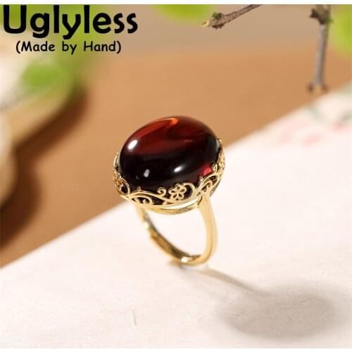 Uglyless High End Natural Amber Beeswax Rings for Women Luxury Big Size Gemstone Dress Jewelry Fashion Gold 925 Silver Open Ring