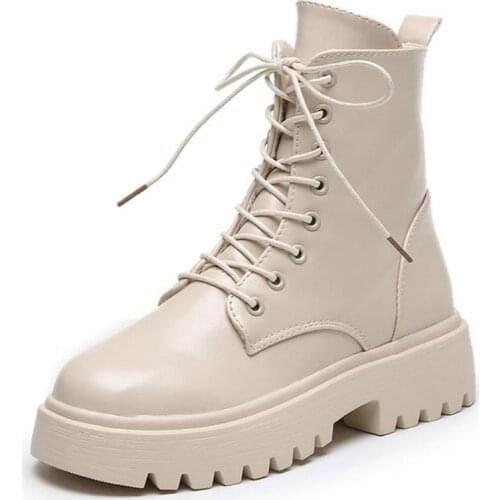 2020 Woman White Shoes PU Boots Winter Autumn Flat Sole Shoes Women Lace Up Med Heel Daily Short Boots Woman Footwear Size 35-40