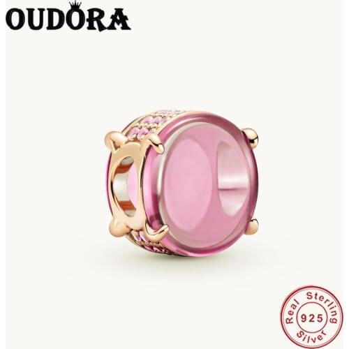 925 Sterling Silver Pink Oval Cabochon Charm Fit Original Pandora Charms Bracelet Beads 925 Silver Jewelry Berloque Making