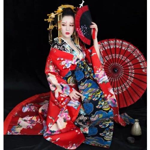 Traditional Japan Kimono Gown Bat Sleeve Flower Yukata Dress Sexy Print Women Stage Show Vestido Classic Geisha Cosplay Costumes