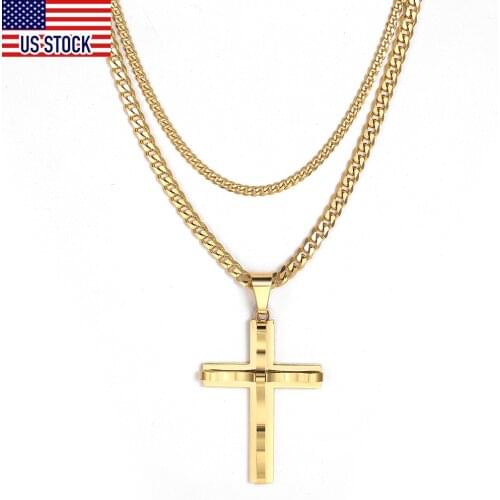 Gold Color Double Chains Cross Pendant Neckalce for Men Women Box Curb Cuban Necklace Stainless Steel Link Jewelry DKP602KN195