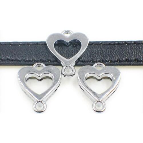 50PCS 8mm Silver Hollow Hear Pendant Slide Charms Slide Beads DIY 8mm Bracelets Wristbands,Belt Straps Pet Name Collar Wholesale